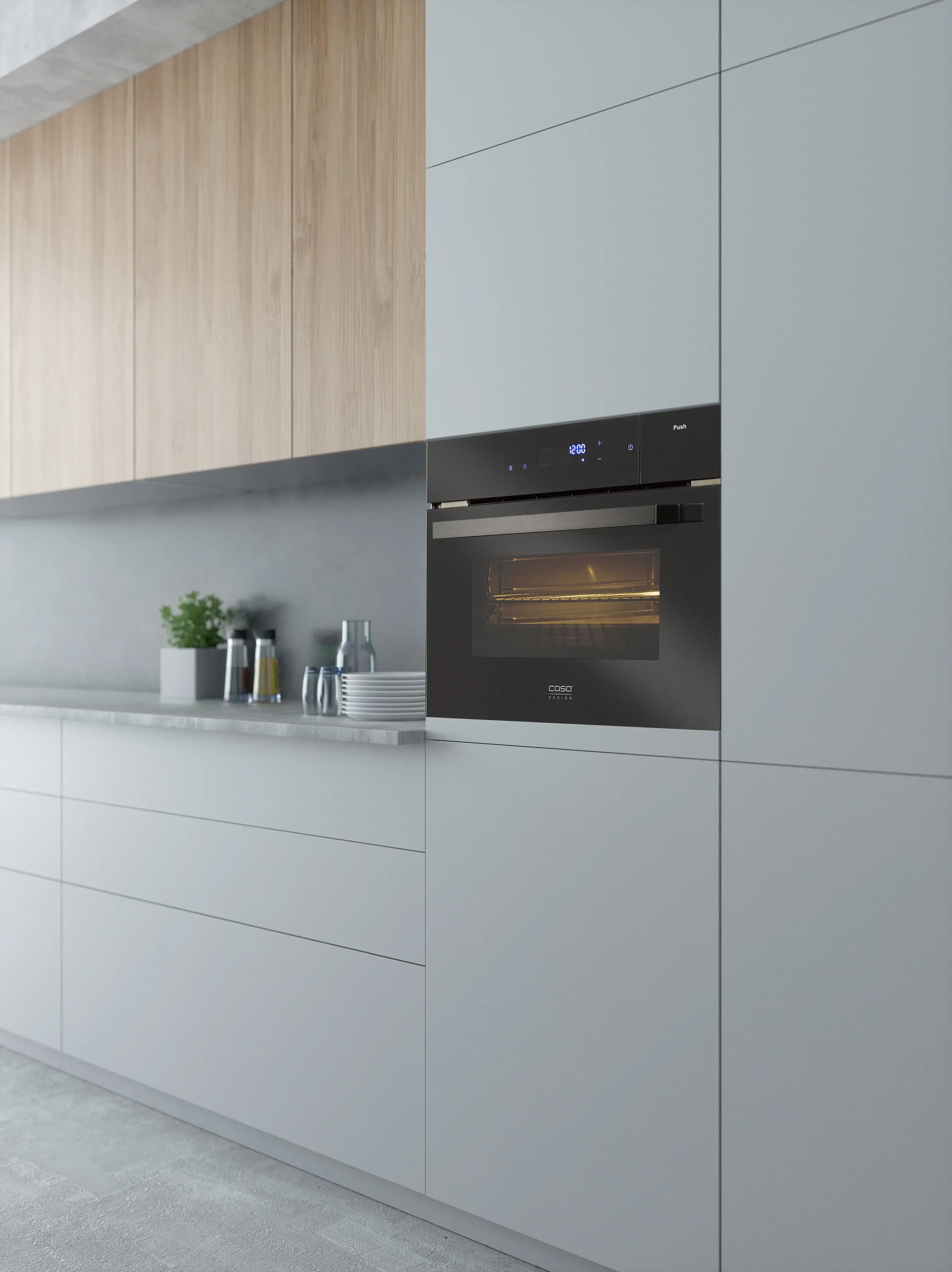 CASO Design Steammaster hoch eingebaut in weißer griffloser Küche